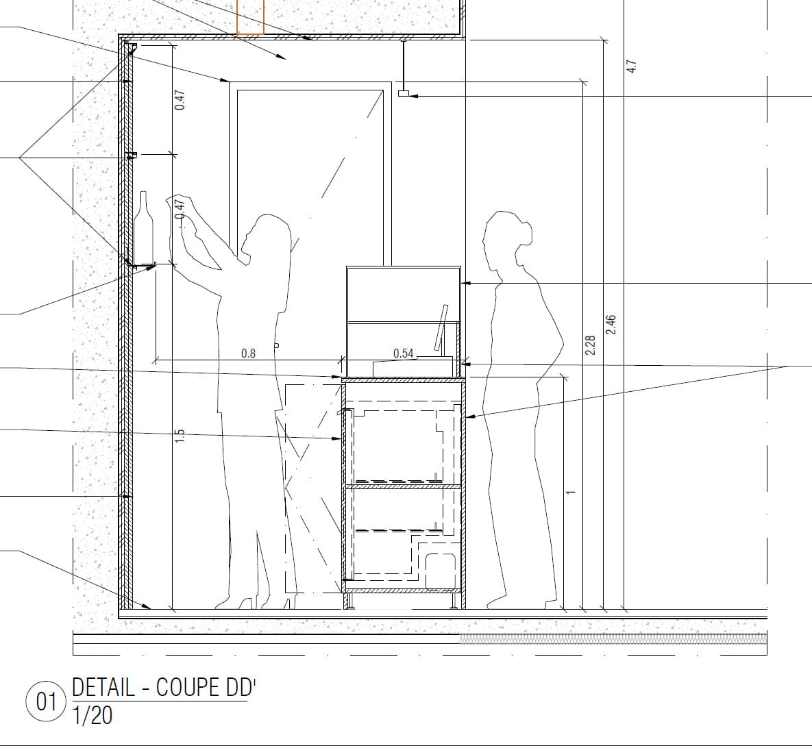 plan en coupe d'architecte d'une cafétaria